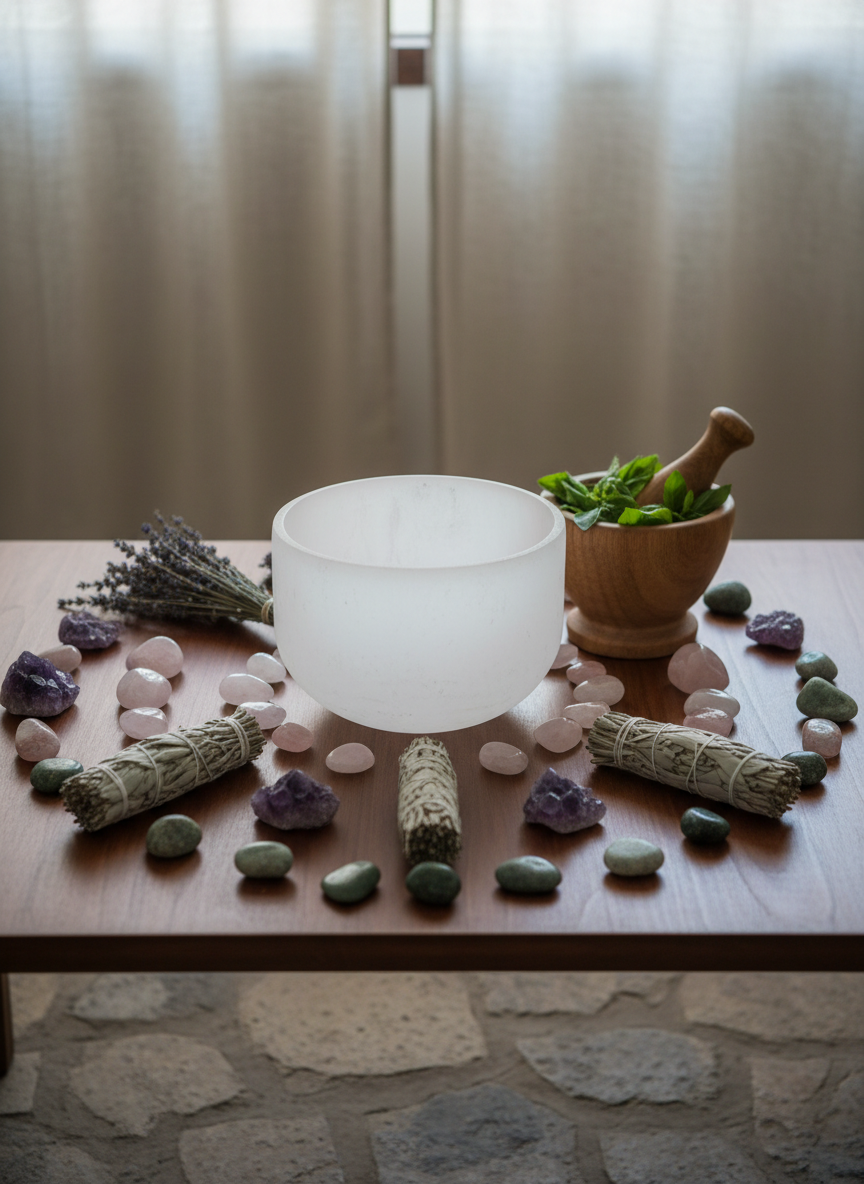 A meticulously arranged healing altar featuring a smooth dark wooden table holding a crystalline singing bowl, bundles of dried lavender and sage, and a hand-carved wooden mortar filled with vibrant green plant leaves. Around them, polished stones in deep amethyst, rose quartz, and mossy green hues form a gentle circle. The scene is set in a serene studio space with natural linen curtains and a stone floor. Soft morning light filters through, creating delicate reflections on the crystals and subtle shadows under the bowl. Photographed at eye level with a shallow depth of field, the background fades into a gentle blur of neutral tones, evoking a sophisticated, calm, and sacred atmosphere in photographic realism.