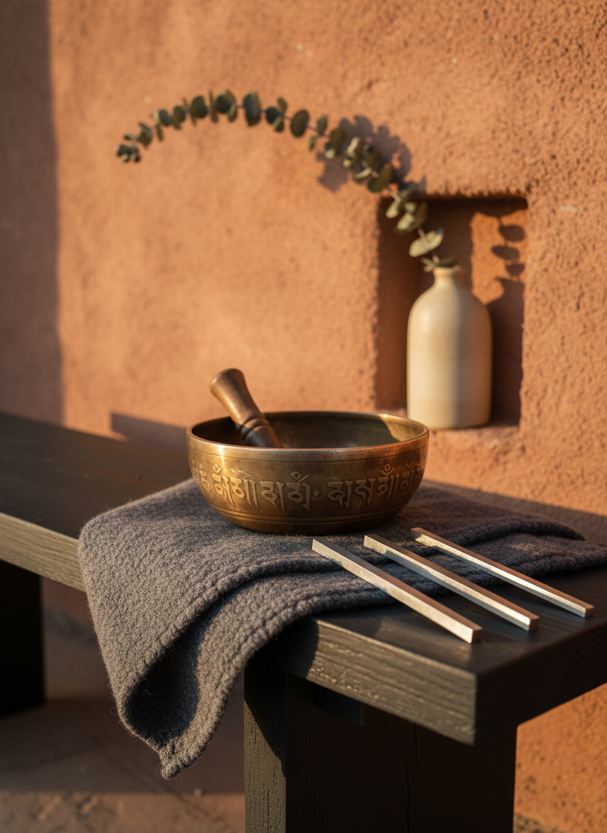A gracefully crafted bronze Tibetan singing bowl resting on a folded, charcoal-gray woolen cloth atop a low, matte-black wooden bench. Around it, several slender tuning forks lie parallel, their brushed-metal surfaces catching highlights. Behind, a textured clay wall in warm earthy tones is adorned with a single dried eucalyptus branch in a tall, simple ceramic vase. Golden hour sunlight enters from the left, grazing the bowl’s rim and creating a luminous edge, while the rest of the scene remains in soft, meditative shadow. Shot in photographic realism from a close, three-quarter angle, with a shallow depth of field that blurs the background, the image exudes a deeply serene, sonotherapy-focused atmosphere with a refined, contemplative mood.