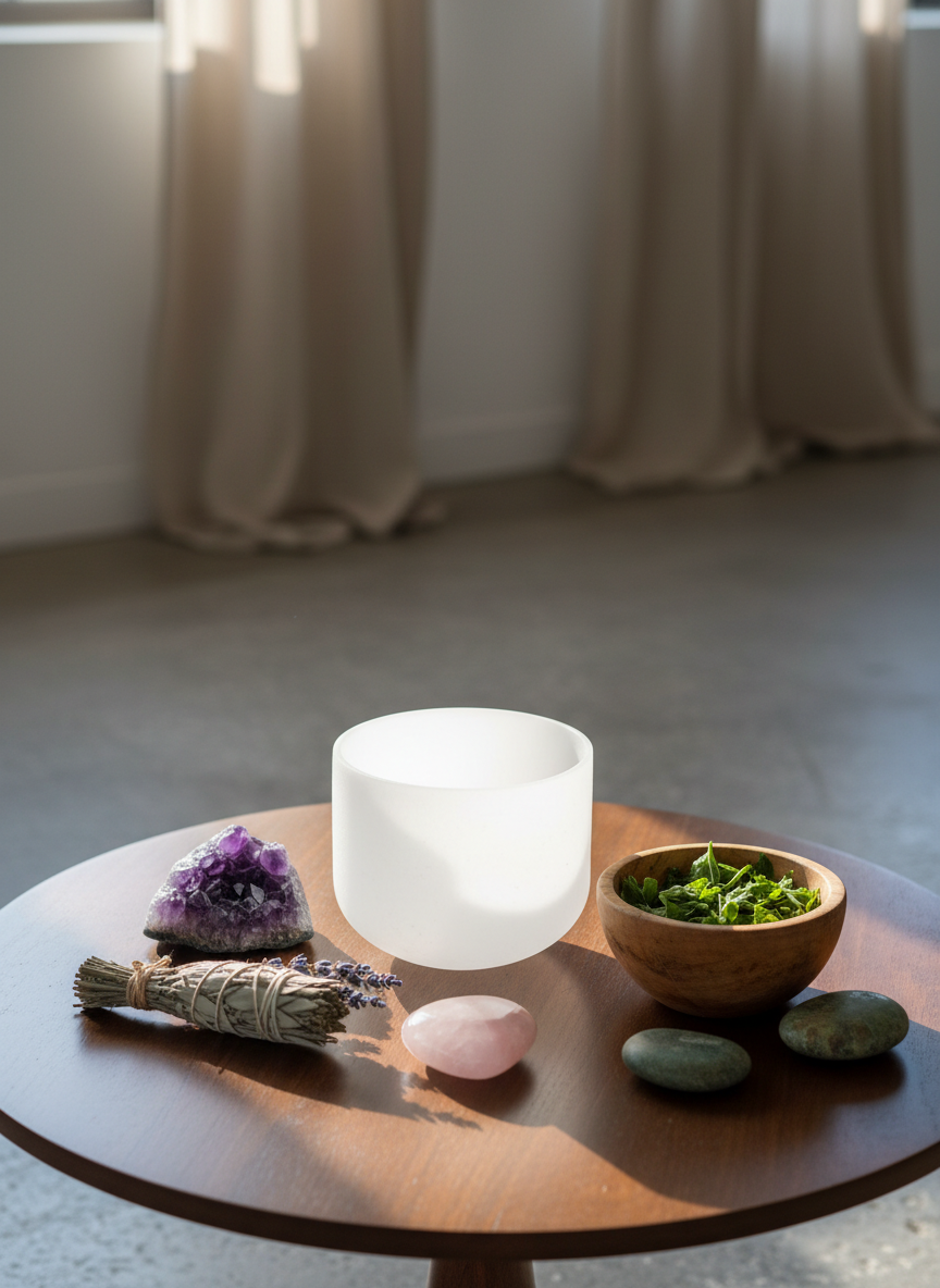 A meticulously arranged healing altar featuring a smooth dark wooden table holding a crystalline singing bowl, bundles of dried lavender and sage, and a hand-carved wooden mortar filled with vibrant green plant leaves. Around them, polished stones in deep amethyst, rose quartz, and mossy green hues form a gentle circle. The scene is set in a serene studio space with natural linen curtains and a stone floor. Soft morning light filters through, creating delicate reflections on the crystals and subtle shadows under the bowl. Photographed at eye level with a shallow depth of field, the background fades into a gentle blur of neutral tones, evoking a sophisticated, calm, and sacred atmosphere in photographic realism.