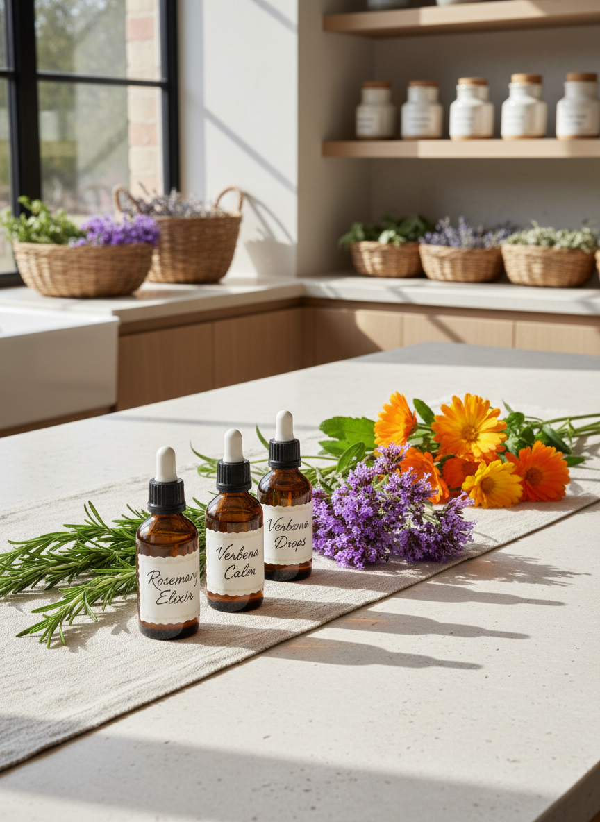 An elegant collection of medicinal plants and tincture bottles displayed on a smooth, pale stone countertop. Amber glass dropper bottles with handwritten cream labels stand beside freshly cut sprigs of rosemary, verbena, and calendula blossoms resting on a linen runner. In the background, wooden shelves hold neatly arranged ceramic jars and woven baskets filled with dried herbs. Soft, diffused afternoon light from a nearby window illuminates the translucent liquids and the fine veins of the leaves, casting refined shadows. Captured from a slightly elevated angle with balanced composition and crisp detail, the photographic image feels refined, natural, and sophisticated, suggesting ancestral plant medicine carefully adapted to a modern, minimalist setting.